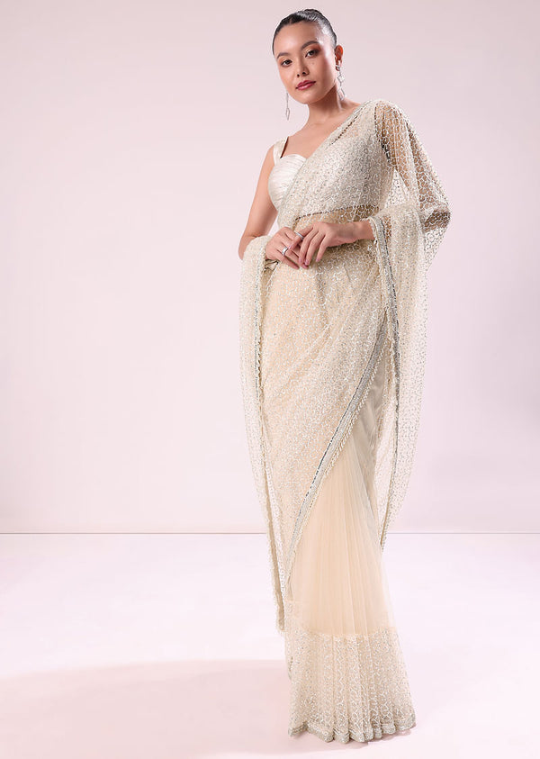 Off White Fancy Sequence Net Saree With Pleated Stitched