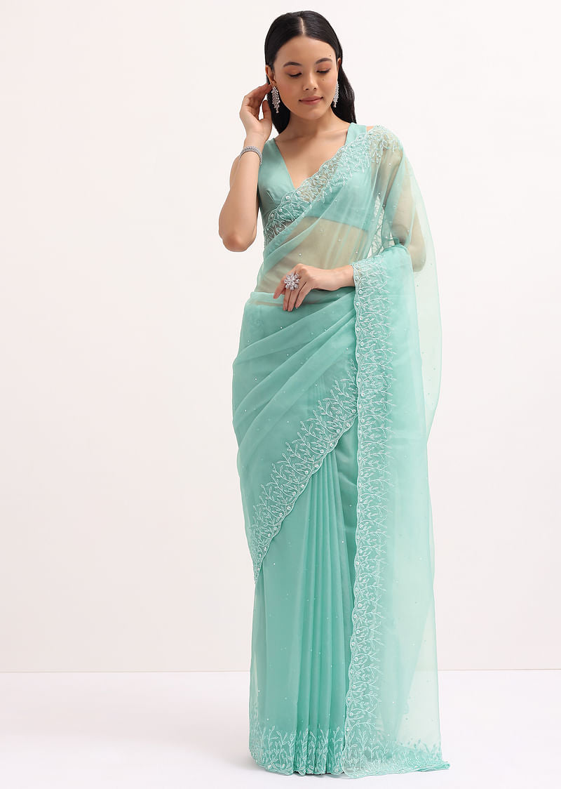 Aqua Blue Embroidered Organza Saree