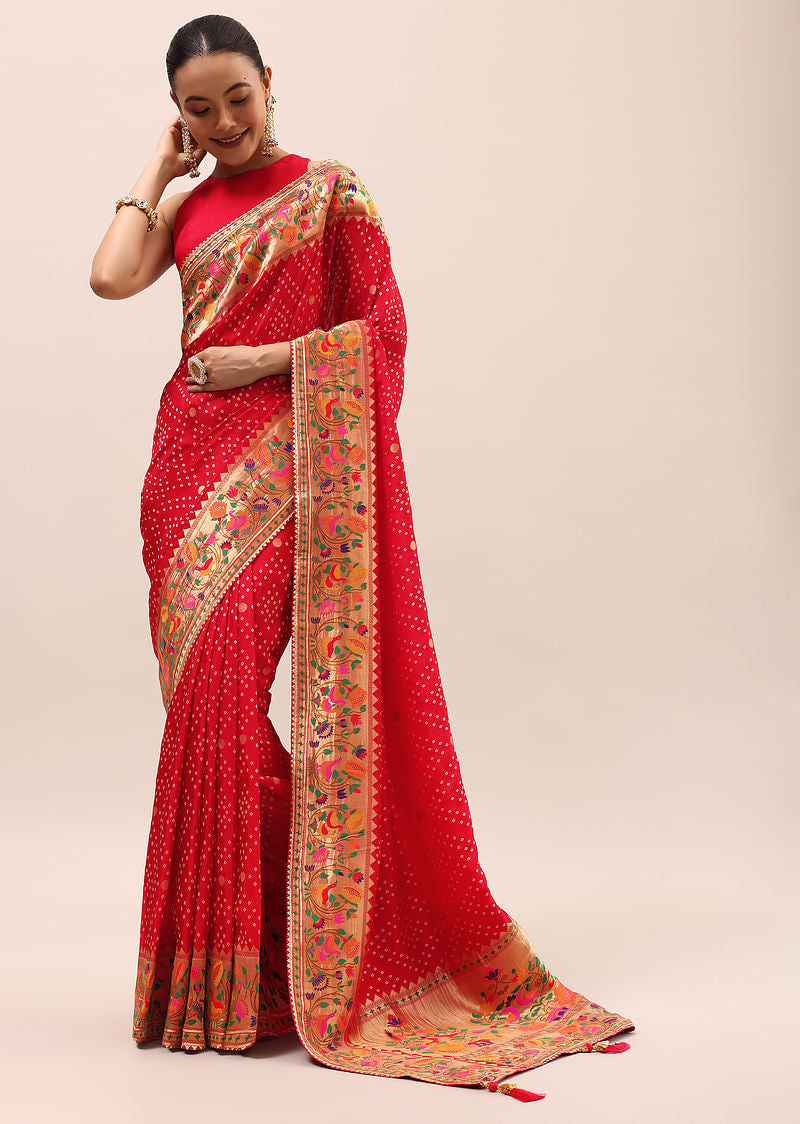 Red Bandhani Silk Saree