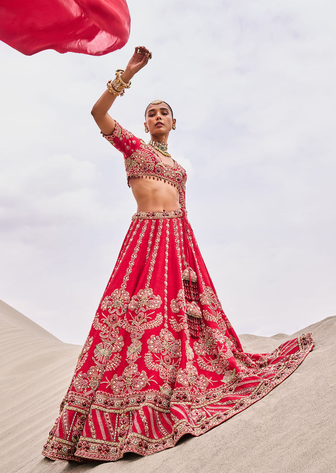 Red Zardosi Embroidered Lehenga Set With Two Dupattas