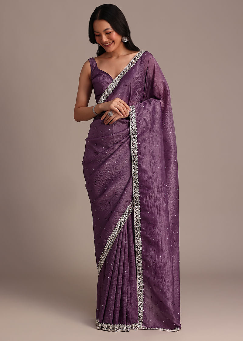 Purple Crushed Tissue Saree With Mirror And Cutdana Embellished Border