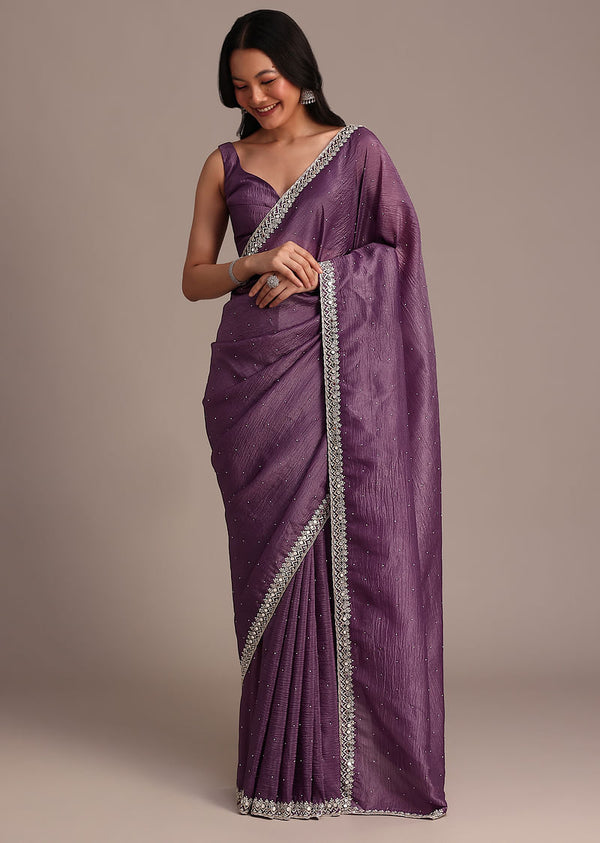 Purple Crushed Tissue Saree With Mirror And Cutdana Embellished Border