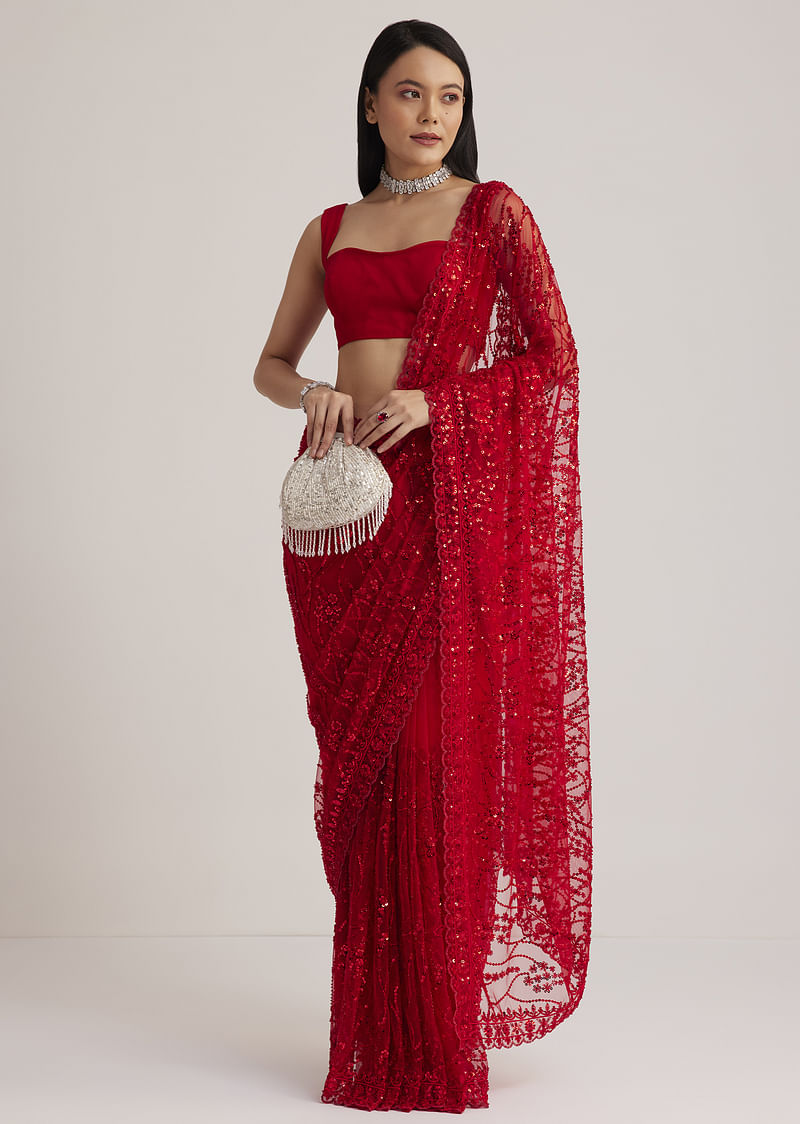 Red Net Saree With Sequins And Stone Detailing