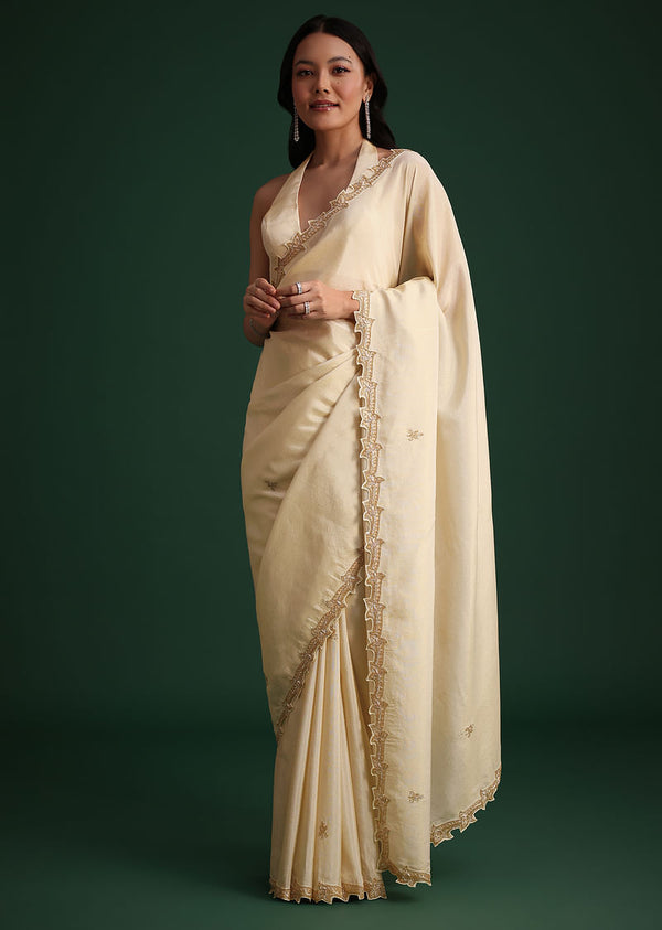 Off White Tissue Cutdana Saree With Cutwork Border