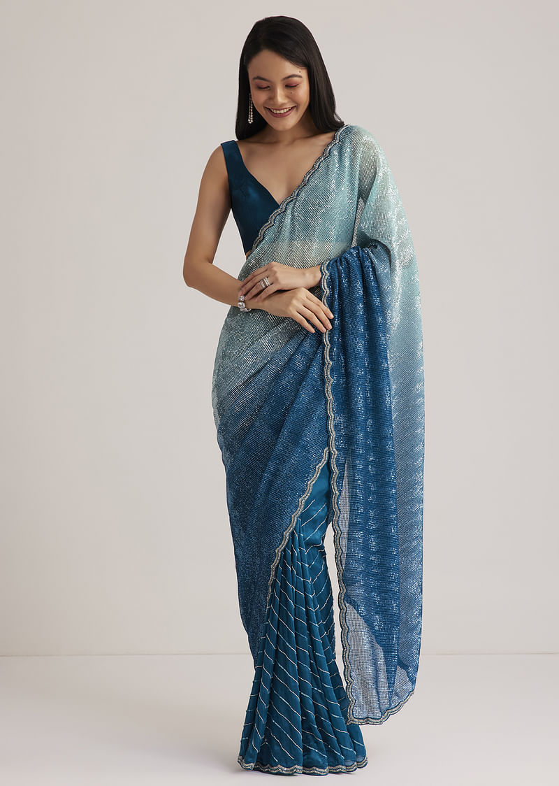 Blue Ombre Half And Half Sequins Saree