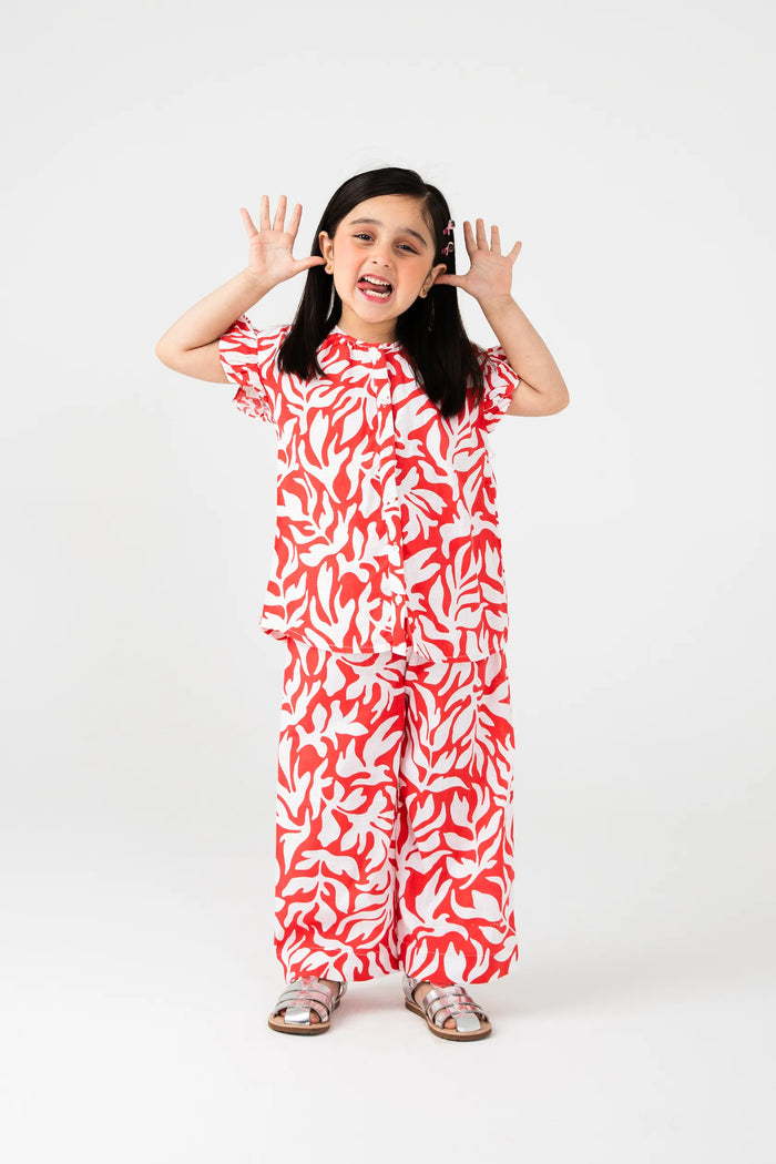 Girls Red Printed Cotton Co-ord Set