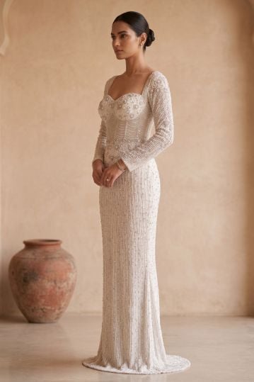 White Sequins Embroidered Net Cocktail Gown with Sweetheart Neck