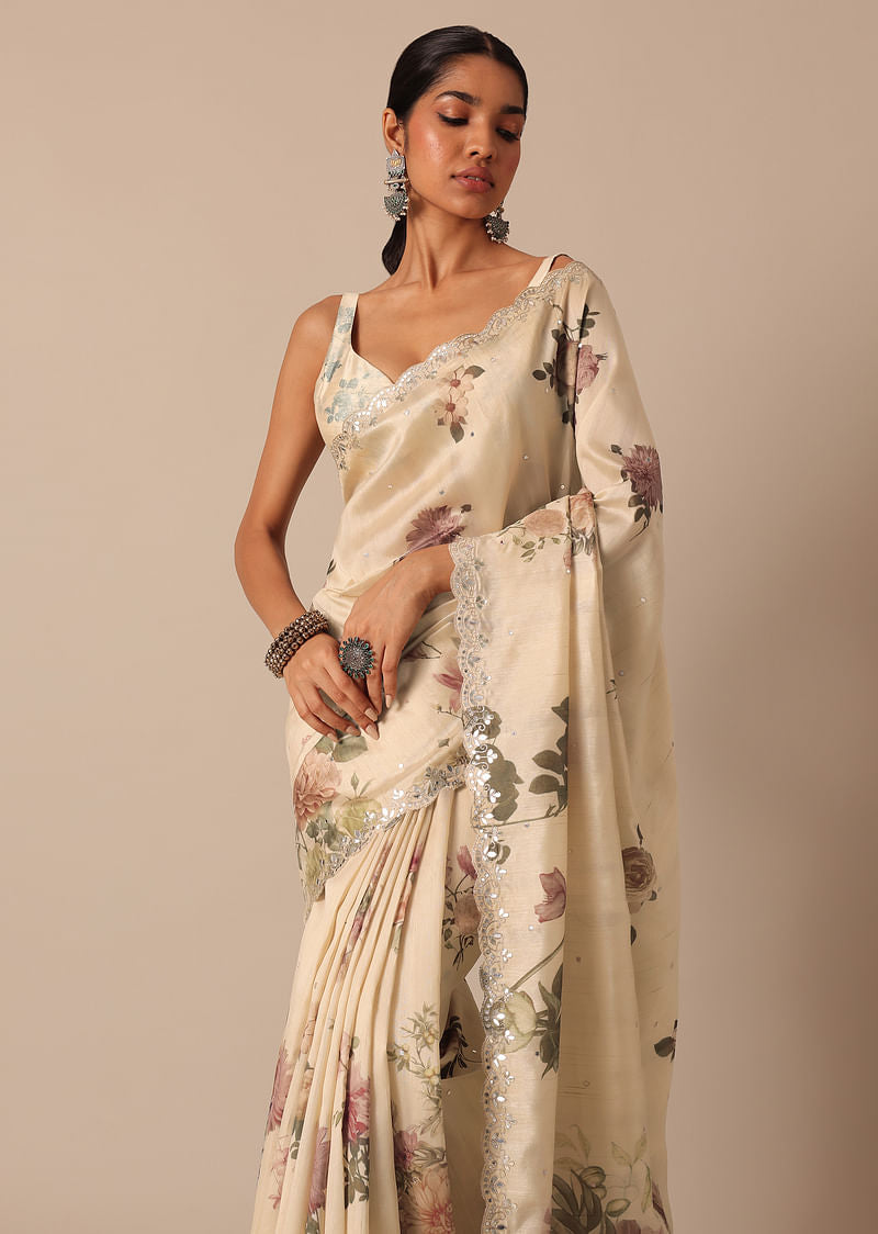 White Tussar Saree With Scallop Border