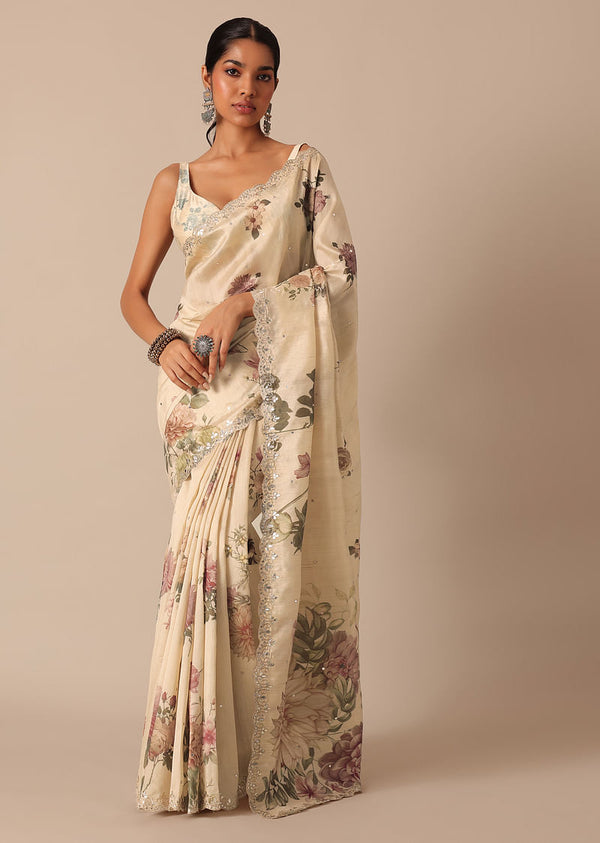 White Tussar Saree With Scallop Border