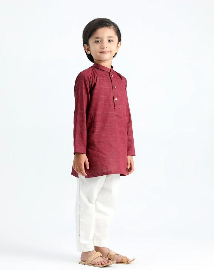 Wine Cotton Kurta Trouser - Kids