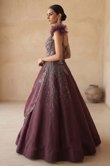 Wine Purple Sequins Embroidered Glass Tissue Ball Gown