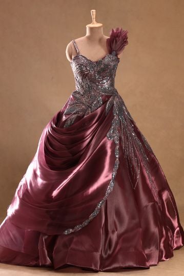 Wine Purple Sequins Embroidered Glass Tissue Ball Gown