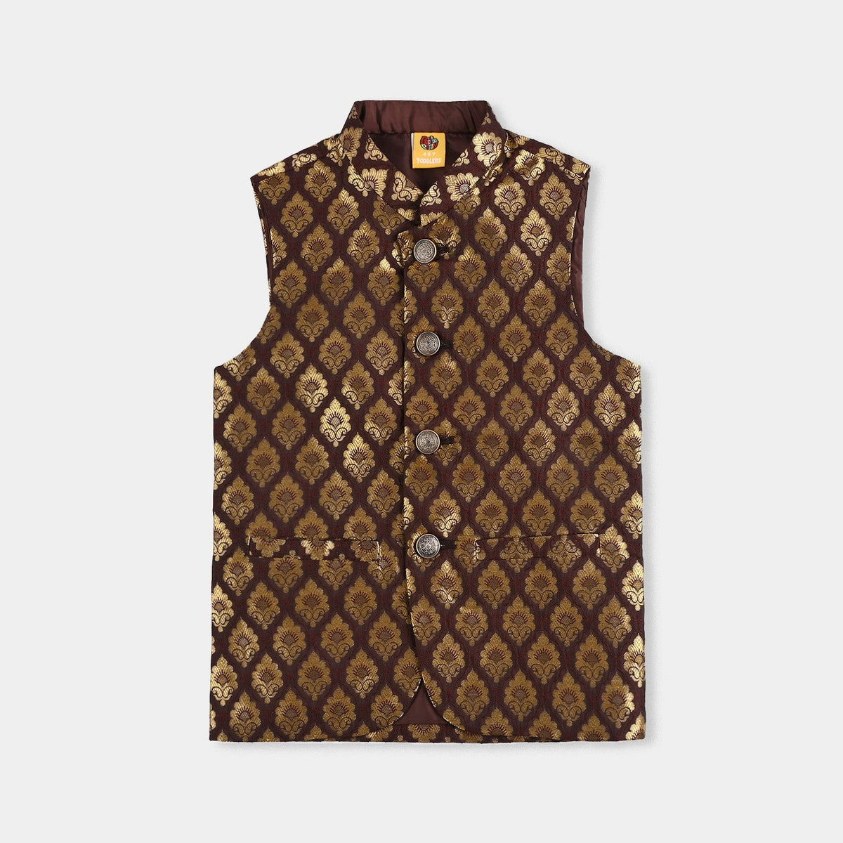 Boys Poly Viscose Waist Coat (Brown Gold)-Brown