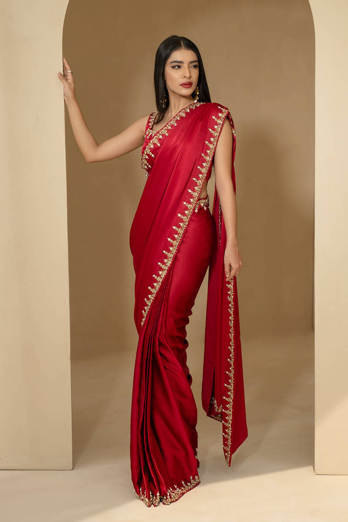 Beautiful Maroon Embroidered Georgette Saree with Golden & Lace Detail –  Sujatra