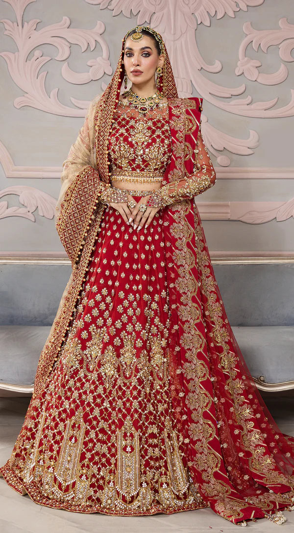 Pakistani Bridal Dress in Red Lehenga and Choli Style Skin Dupatta