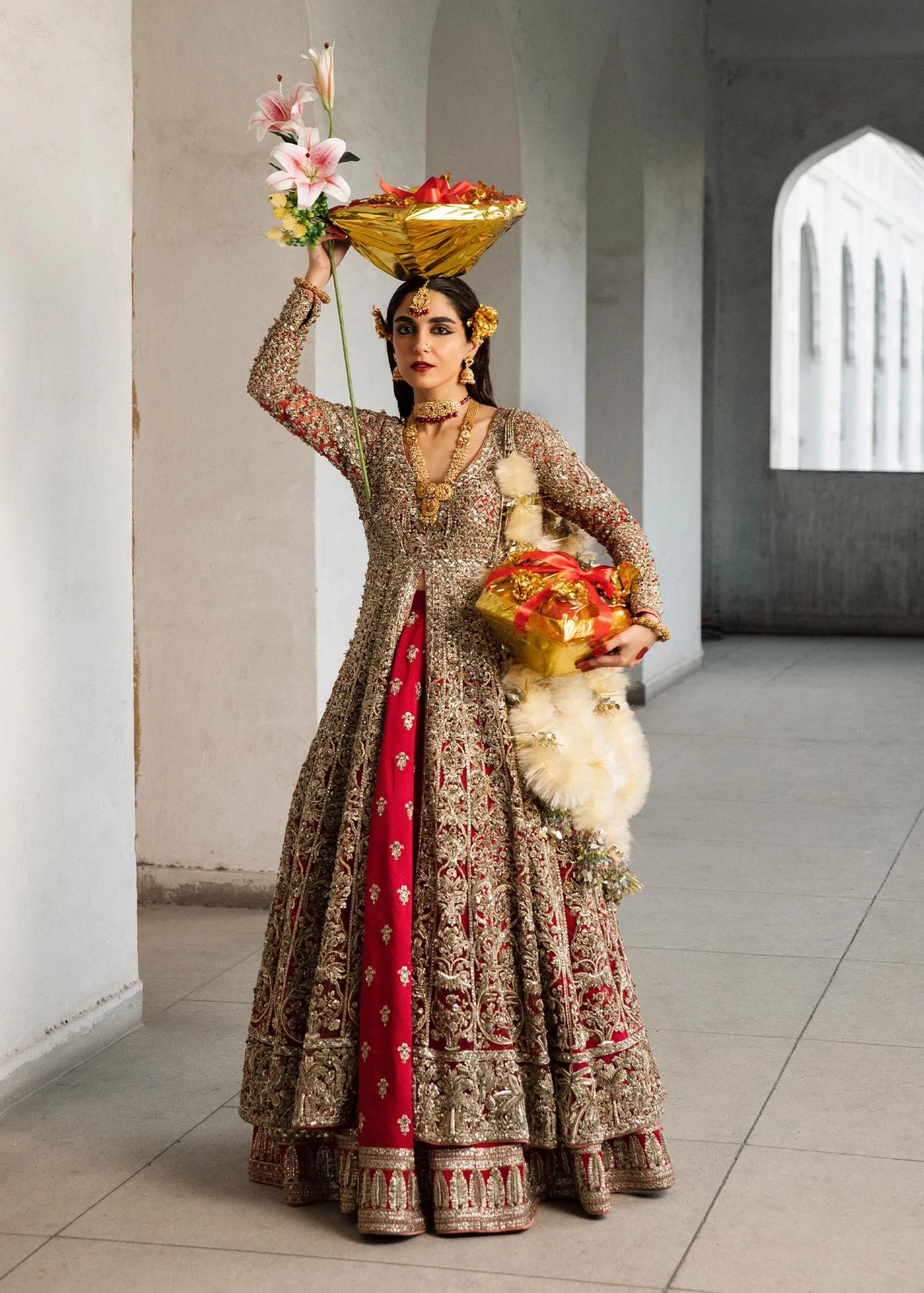 Pakistani Bridal Dress in Open Gown and Lehenga Style