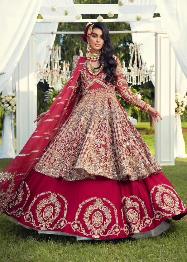 Pakistani Bridal Dress in Pishwas and Red Lehenga Style