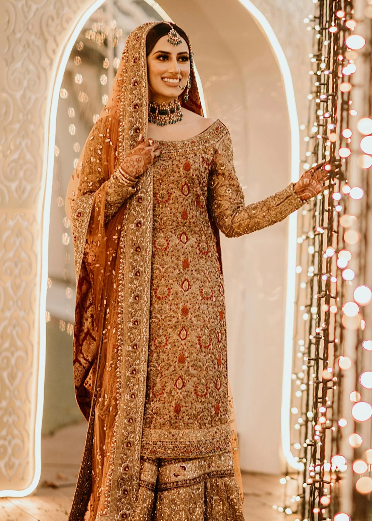 Rose Gold Pakistani Bridal Dress in Shirts Lehenga