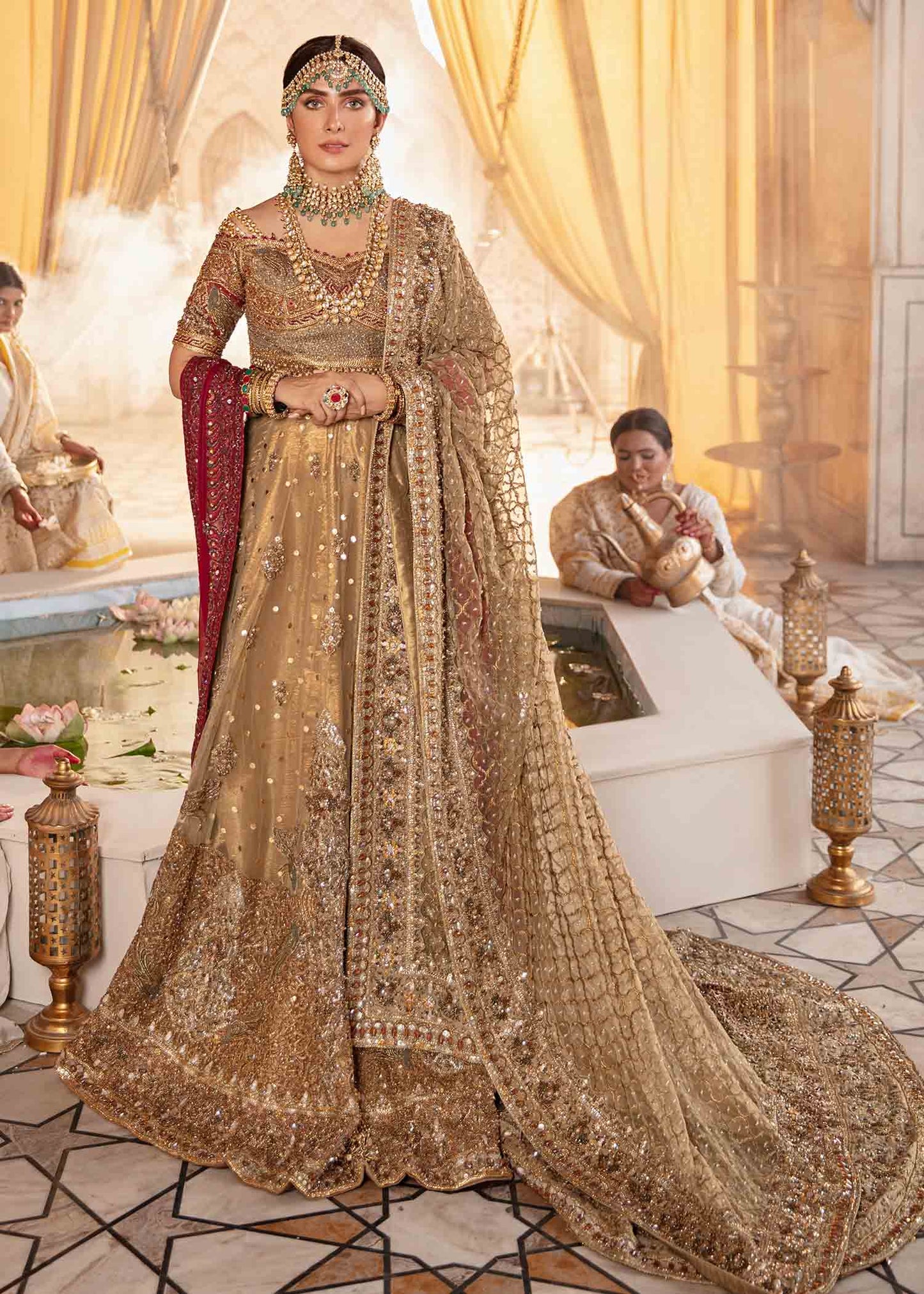 Bridal Wedding Dress in Gold Choli Dupatta and Long Tail Lehenga Style