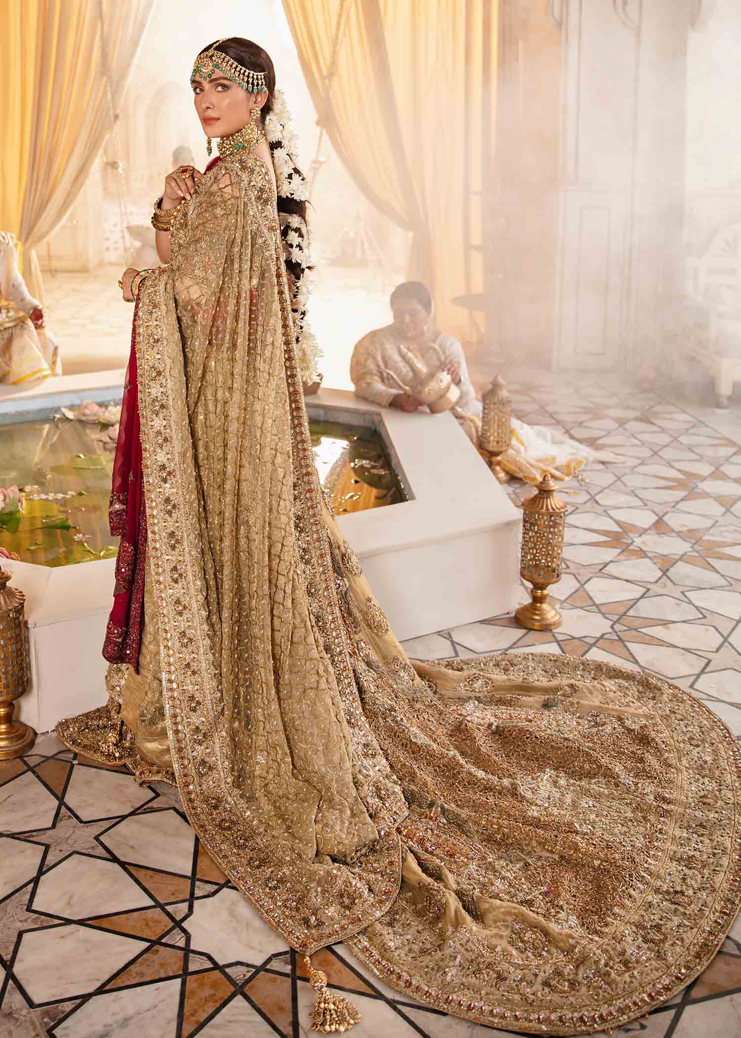 Bridal Wedding Dress in Gold Choli Dupatta and Long Tail Lehenga Style