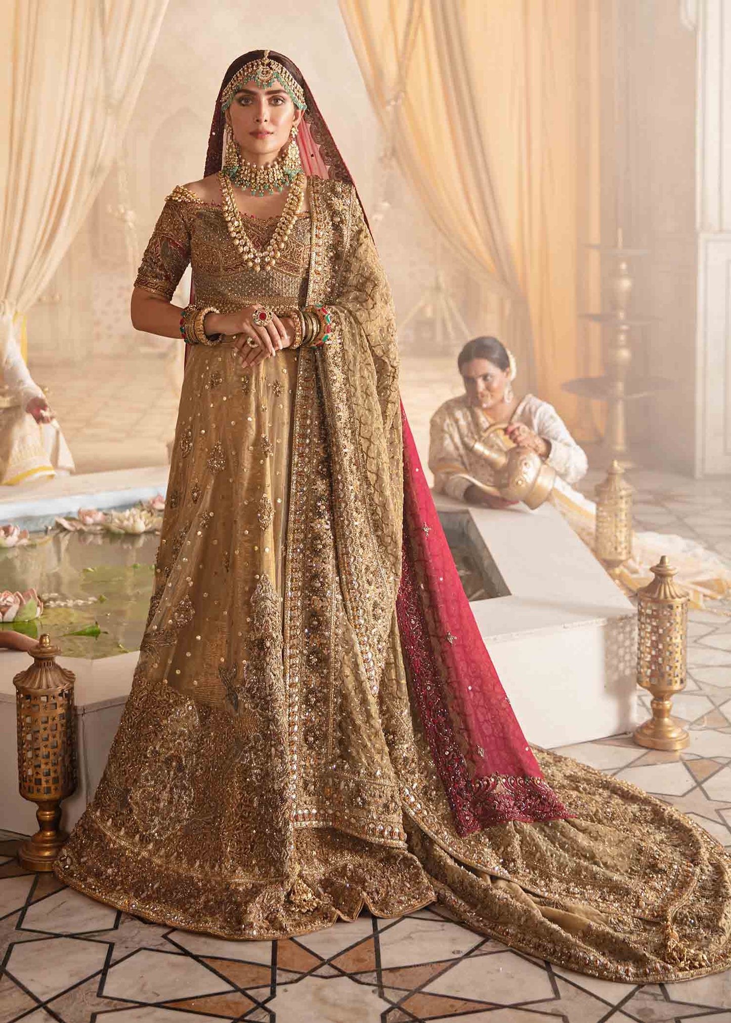 Bridal Wedding Dress in Gold Choli Dupatta and Long Tail Lehenga Style