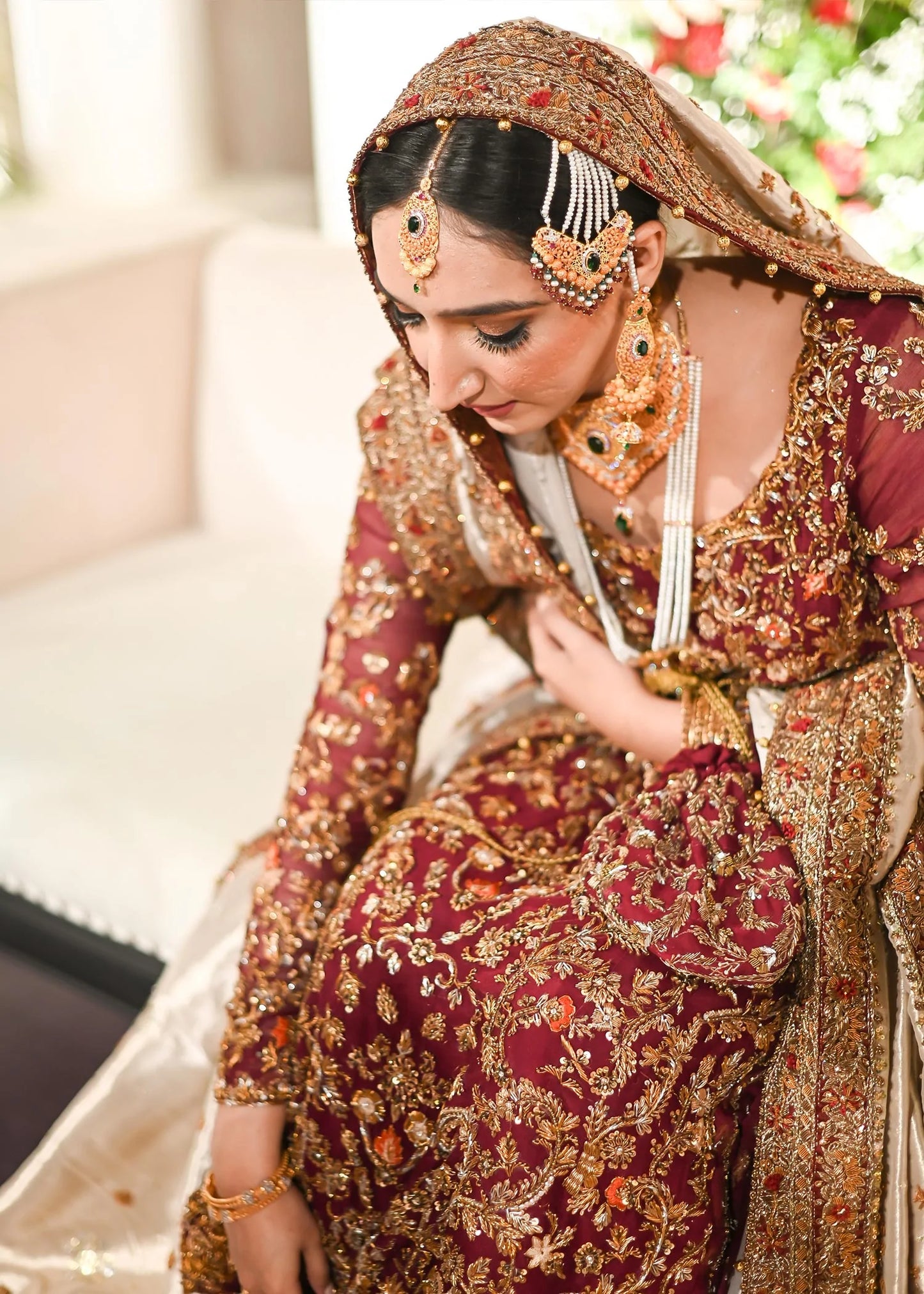 Pakistani Wedding Dress in Bridal Red, Light gold