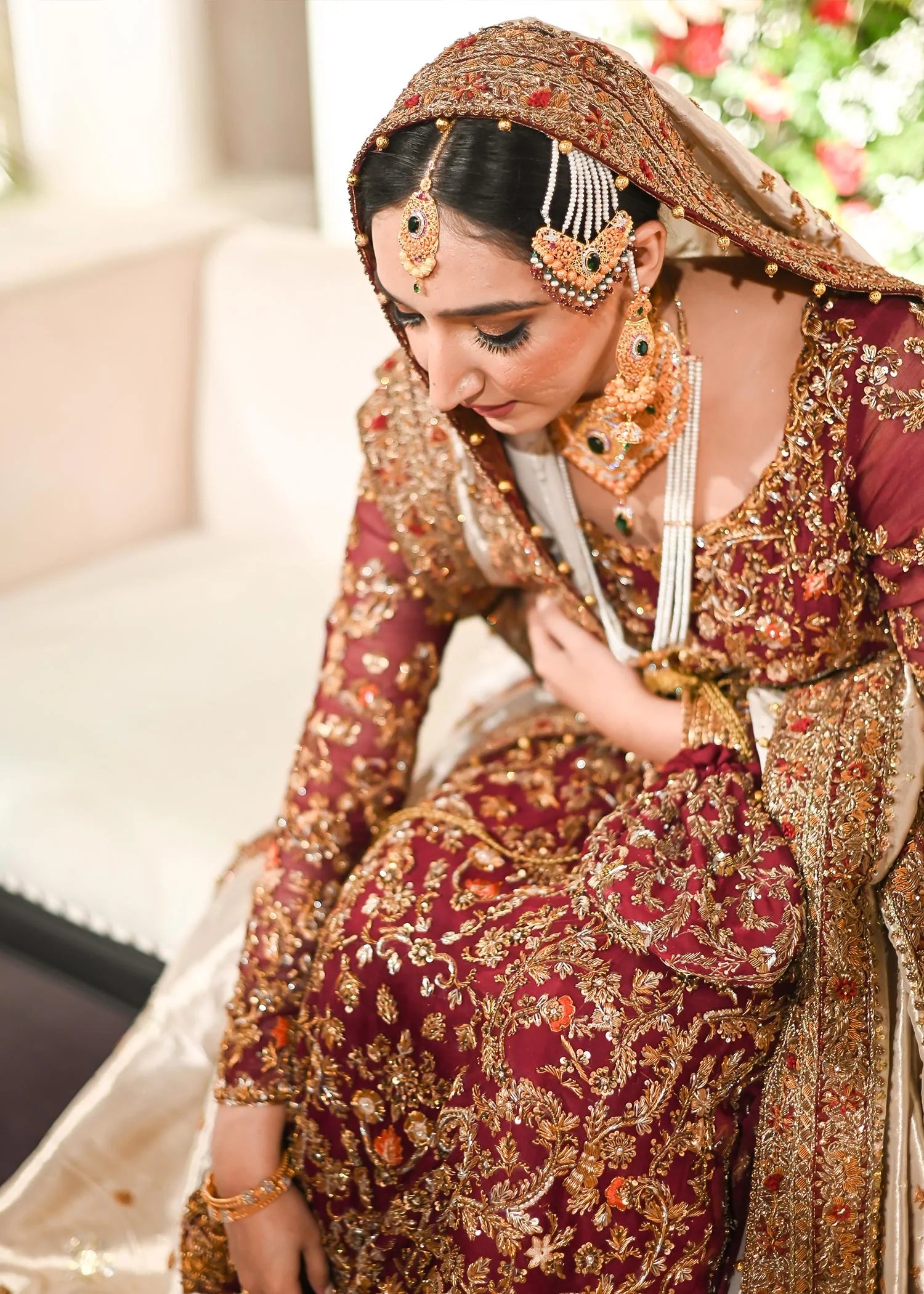 Pakistani Wedding Dress in Bridal Red, Light gold