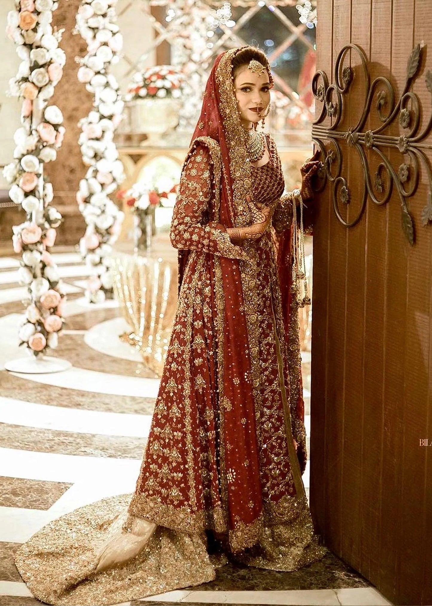 Pakistani Bridal Dress in Open Gown and Lehenga Style