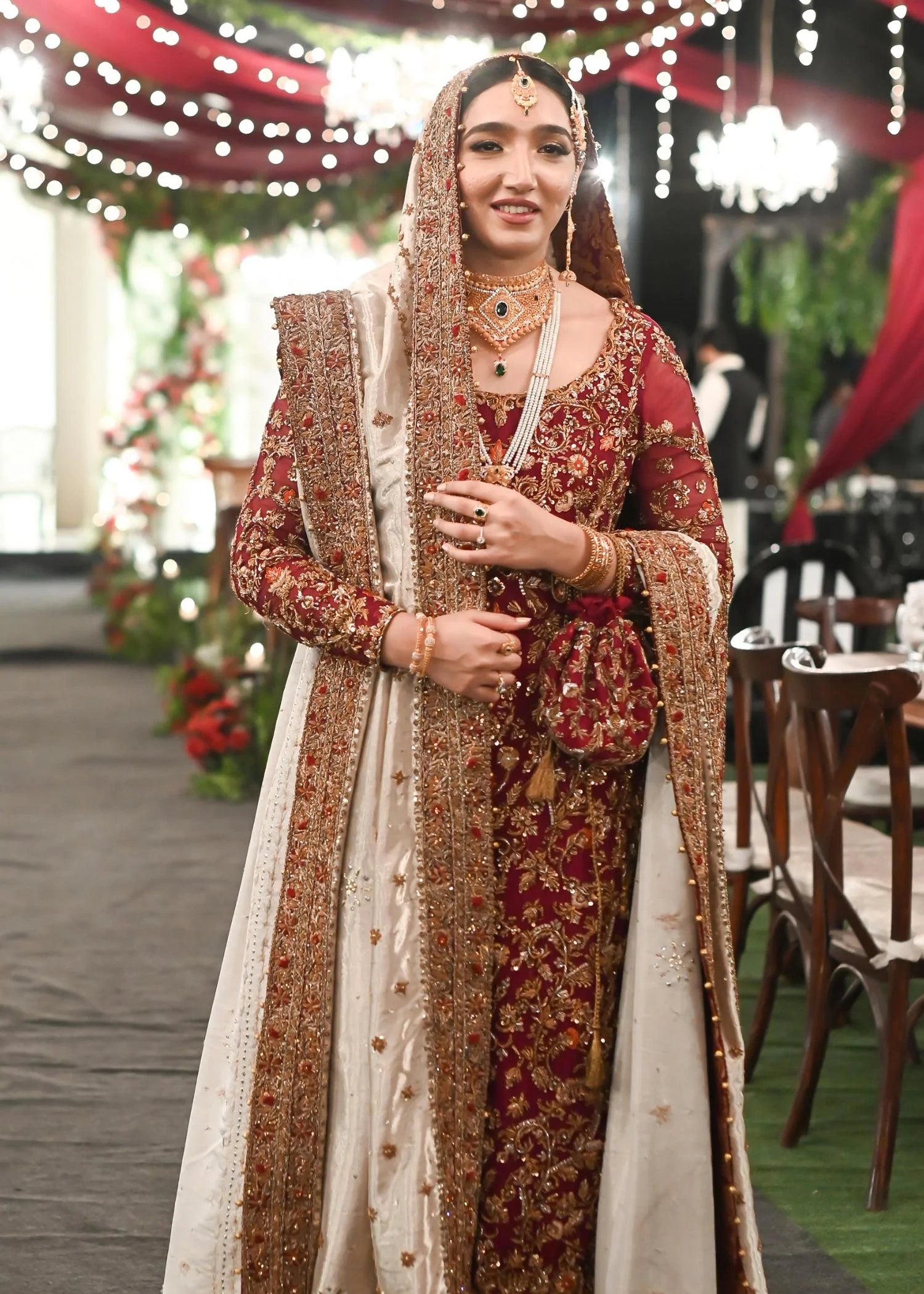 Pakistani Wedding Dress in Bridal Red, Light gold