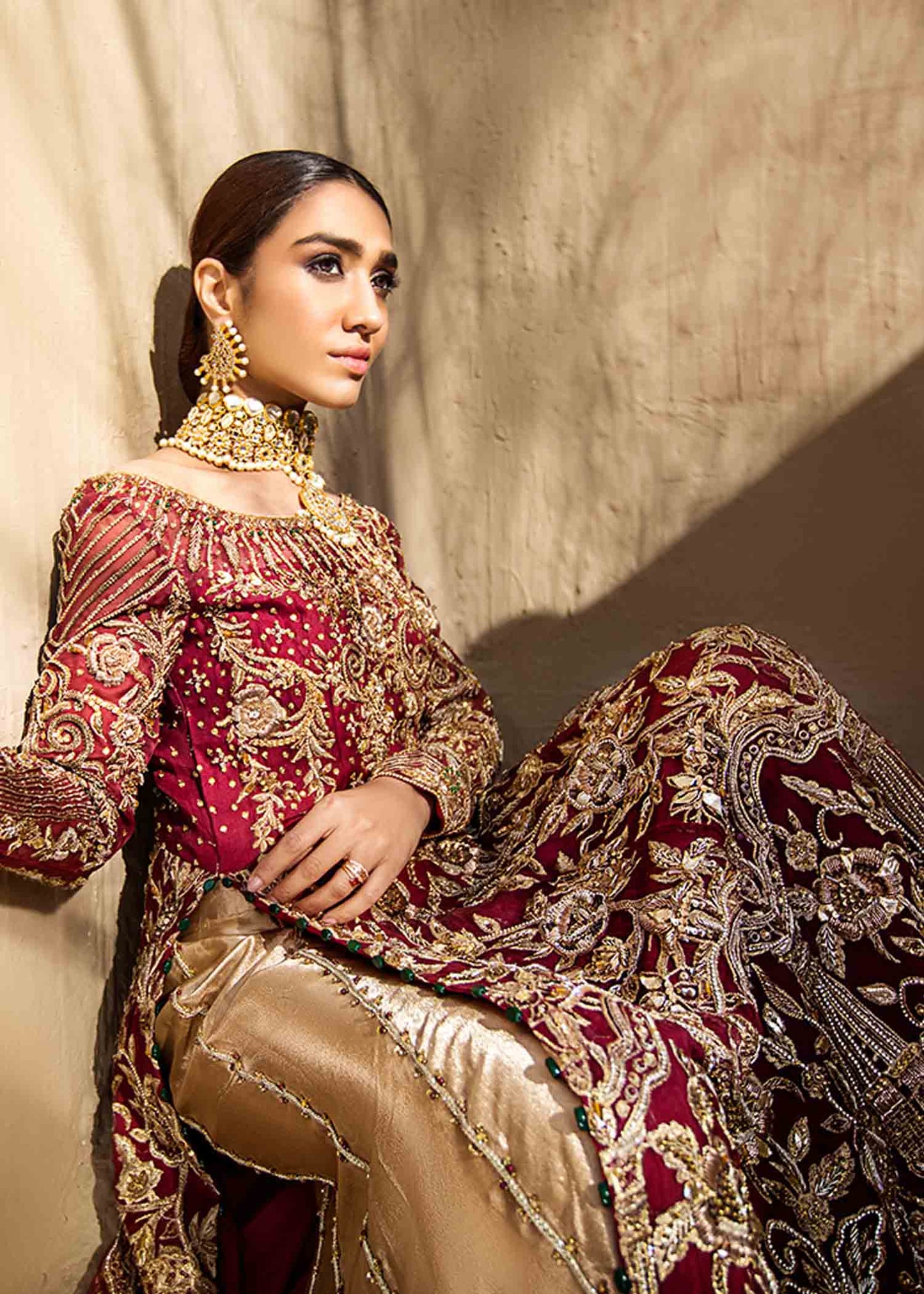 Deep Red Gown, Dupatta with Golden Sharara