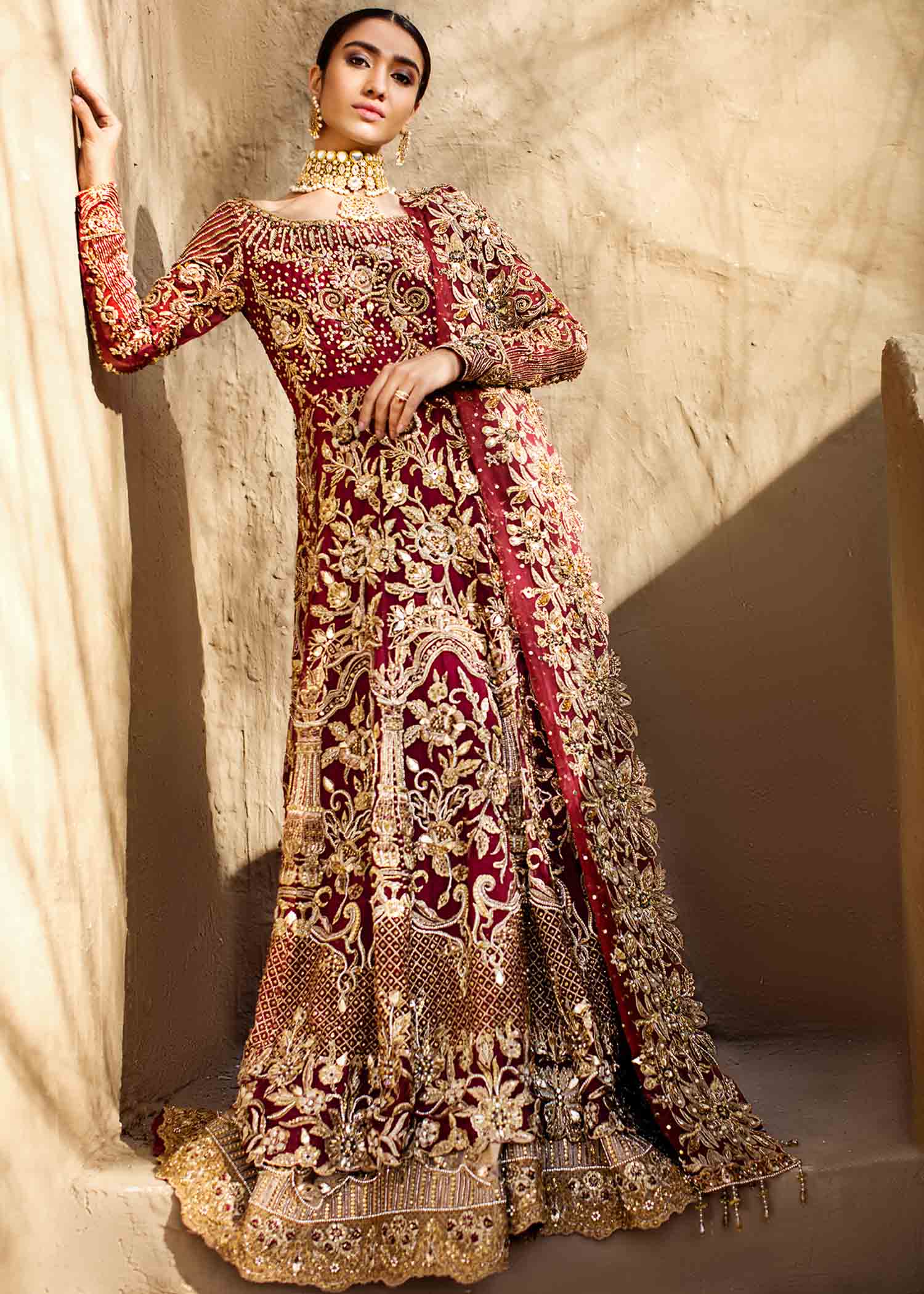 Deep Red Gown, Dupatta with Golden Sharara