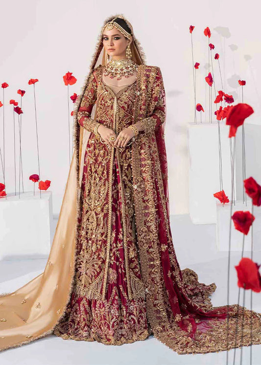 WINE RED Pakistani Bridal Outfit in Gown Lehenga Style