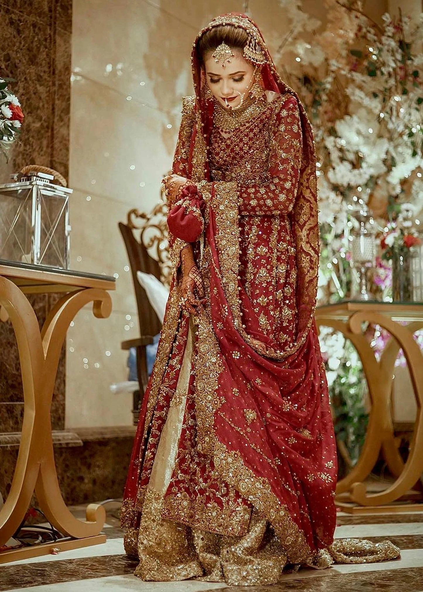 Pakistani Bridal Dress in Open Gown and Lehenga Style