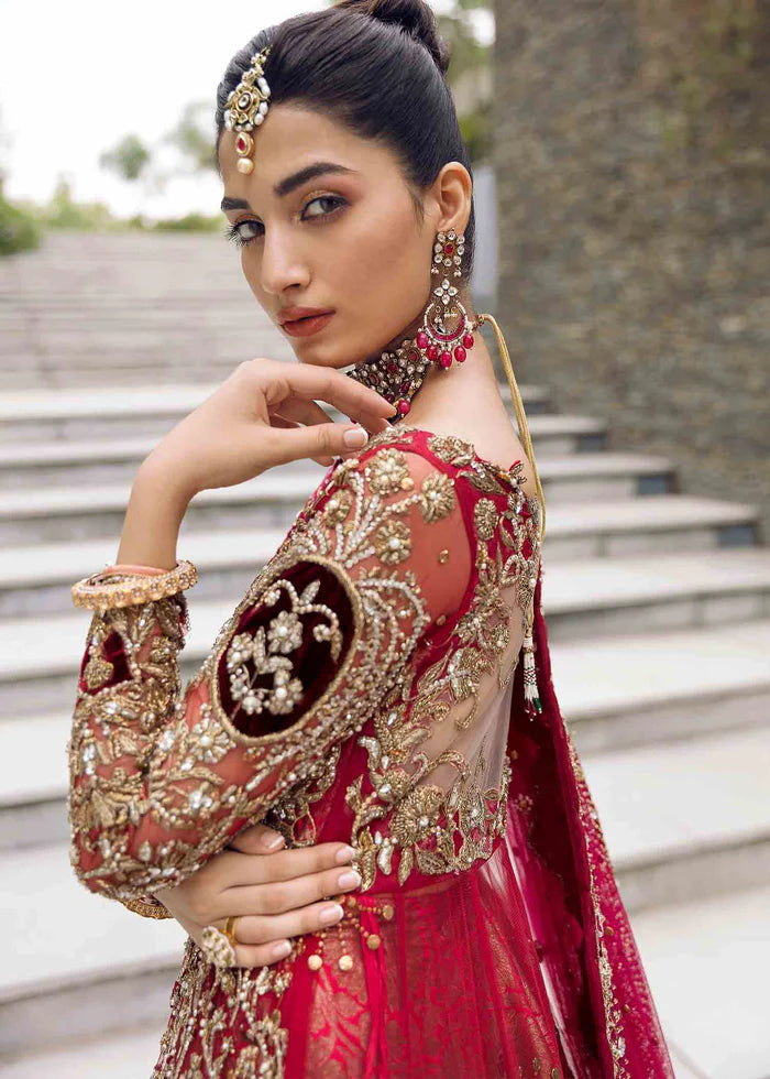 Royal Red Pakistani Bridal Outfit in Gown Lehenga Style