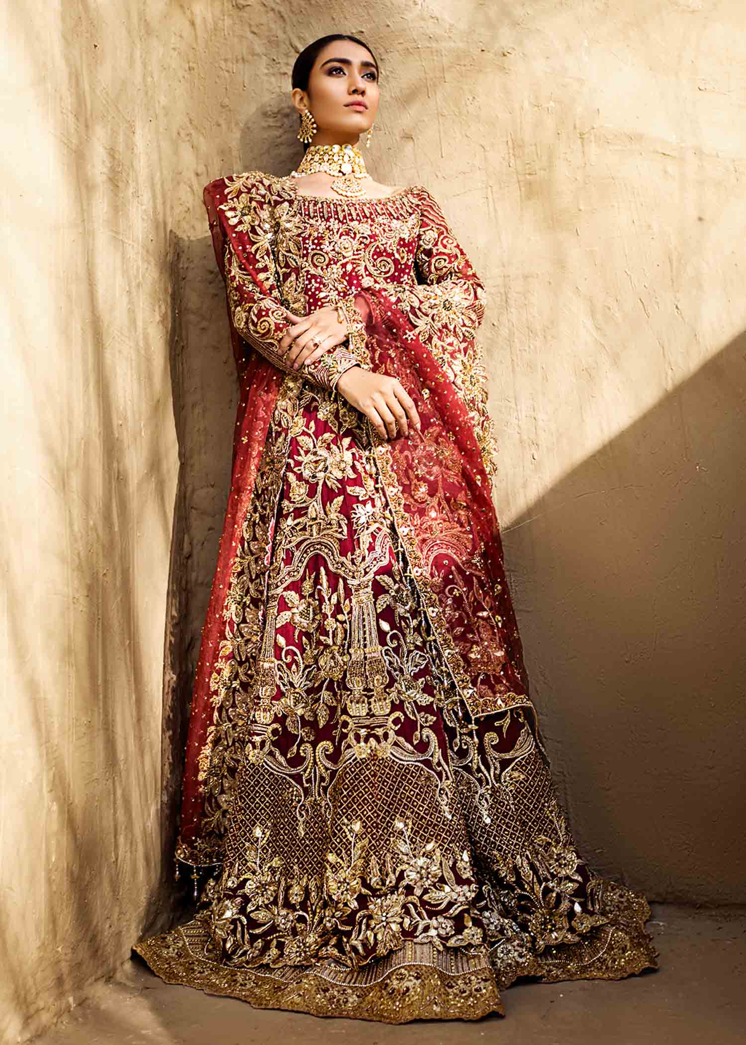 Deep Red Gown, Dupatta with Golden Sharara