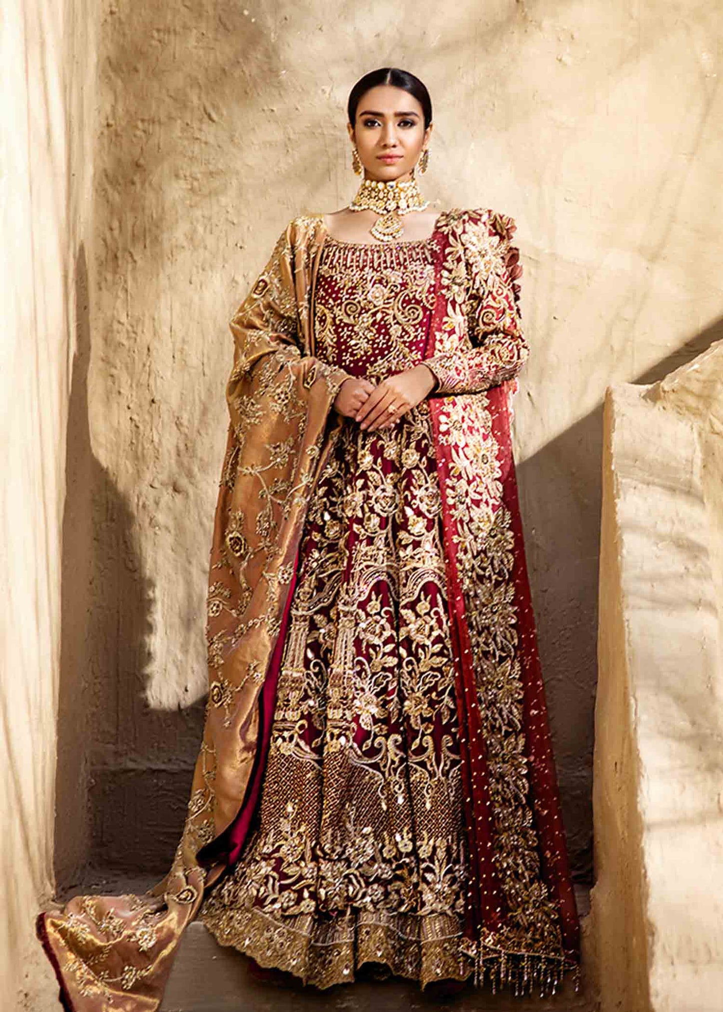 Deep Red Gown, Dupatta with Golden Sharara