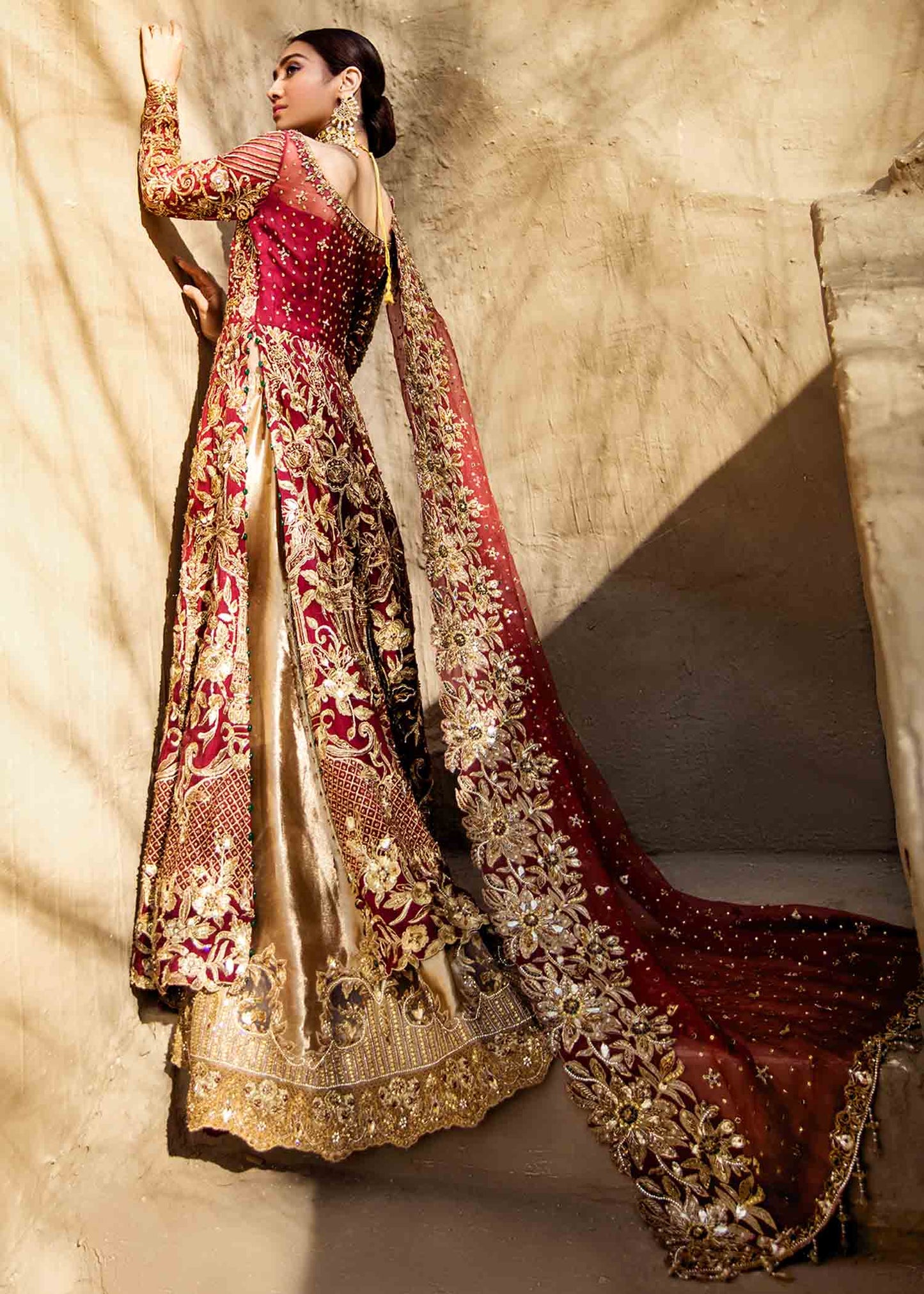 Deep Red Gown, Dupatta with Golden Sharara