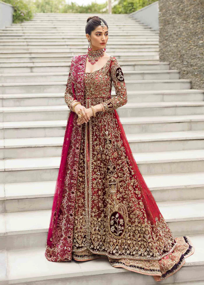 Royal Red Pakistani Bridal Outfit in Gown Lehenga Style