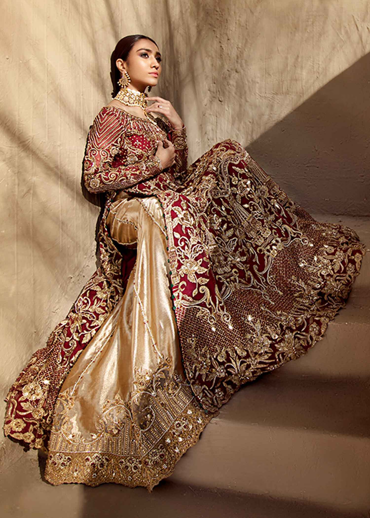 Deep Red Gown, Dupatta with Golden Sharara