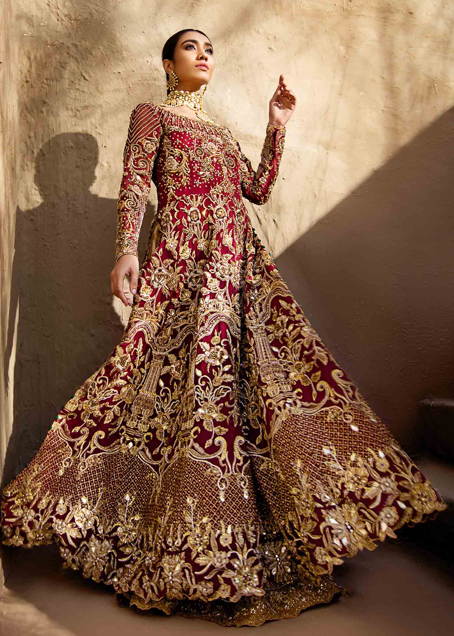 Deep Red Gown, Dupatta with Golden Sharara