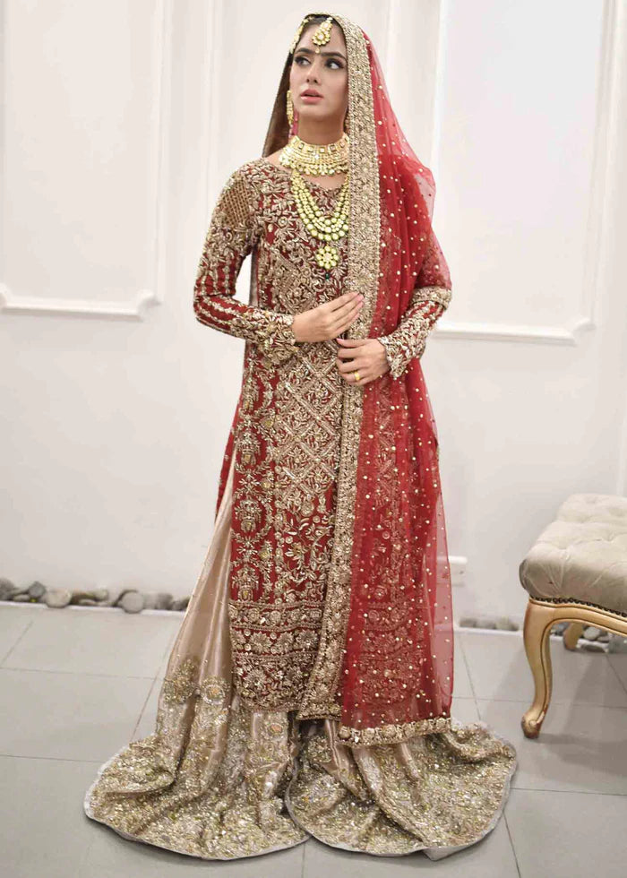 Deep Red Bridal Shirt with White lehenga Pakistani Wedding Dress