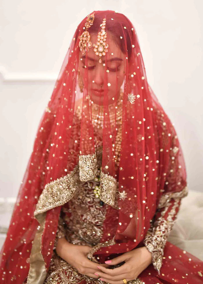 Deep Red Bridal Shirt with White lehenga Pakistani Wedding Dress