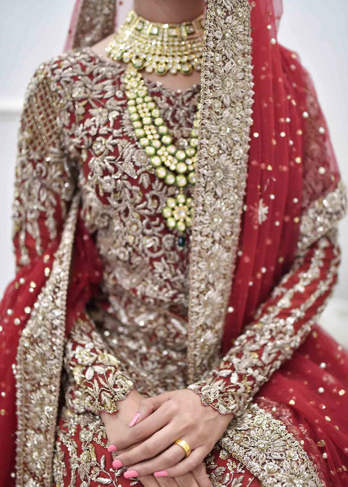 Deep Red Bridal Shirt with White lehenga Pakistani Wedding Dress