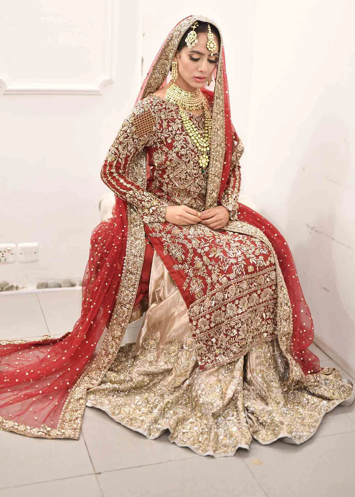 Deep Red Bridal Shirt with White lehenga Pakistani Wedding Dress