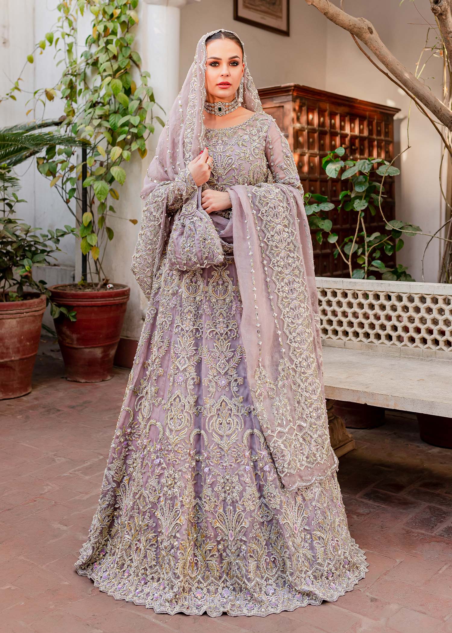 Pakistani Bridal Lilac Choli, Lehenga, Dupatta