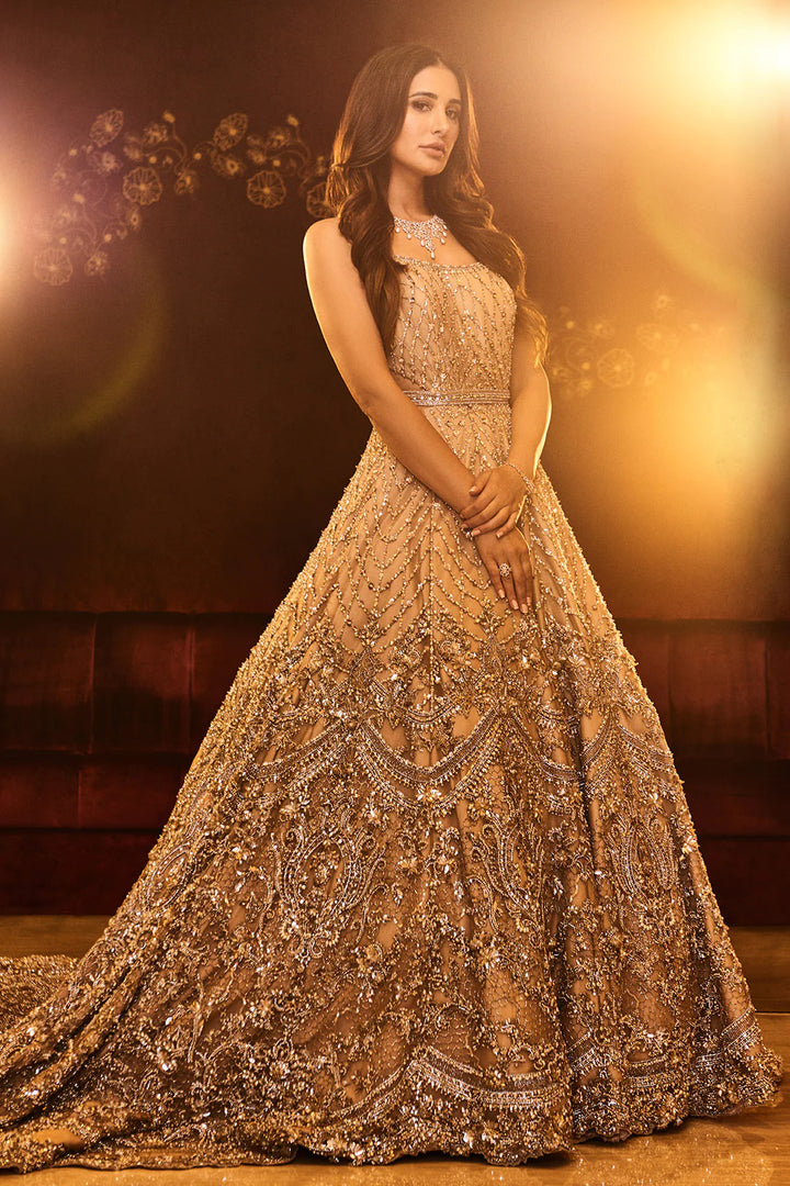 Pakistani Gown Long Tail in Golden Dress