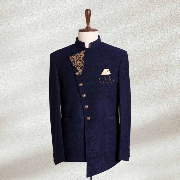 Blue Embroidered Angle Cut Prince Suit