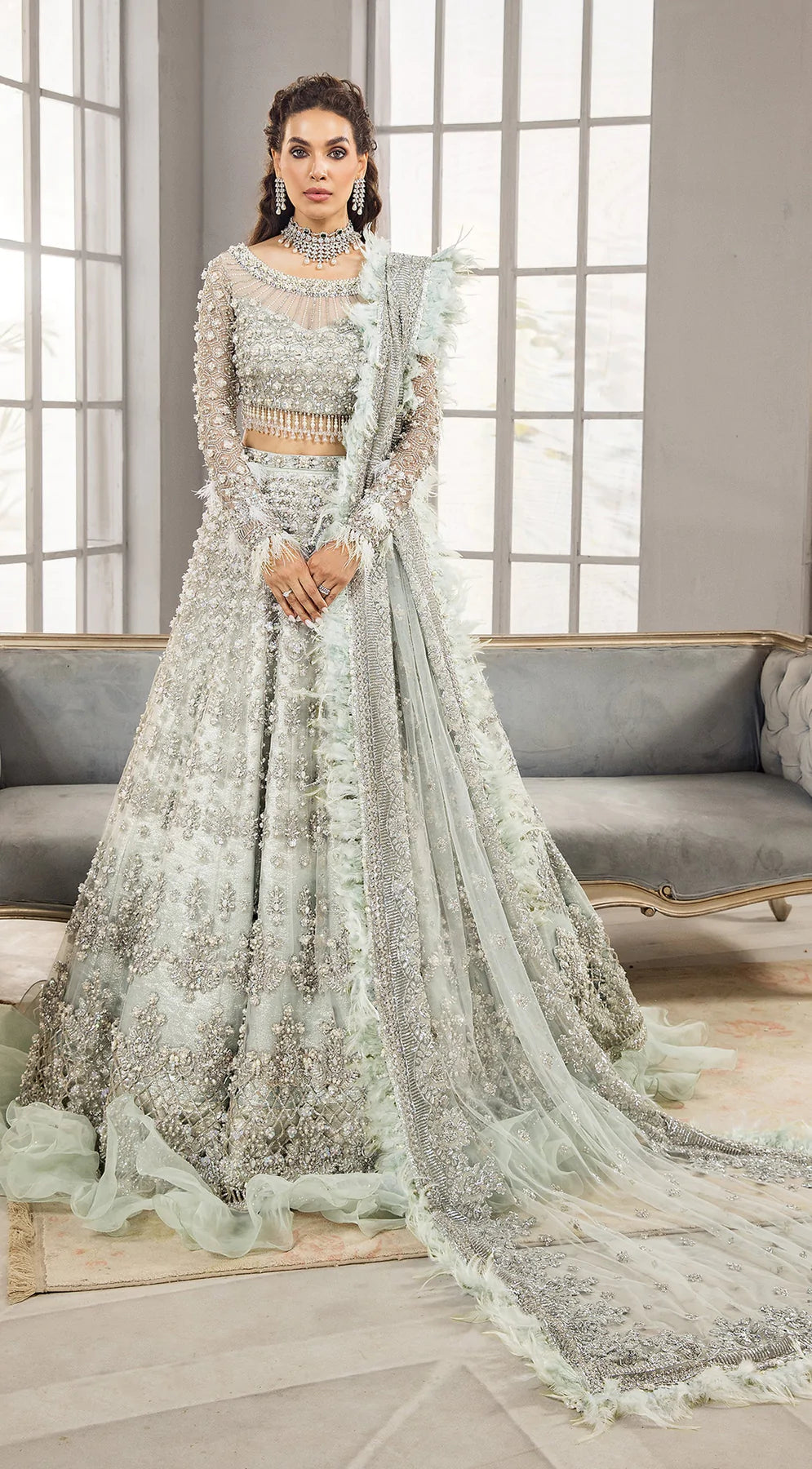Buy Grey Embroidery V Neck Organza Bridal Lehenga Set For Women by Angad  Singh Online at Aza Fashions.