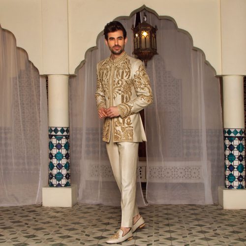 Creamy Prince Suit with Golden Embroidery