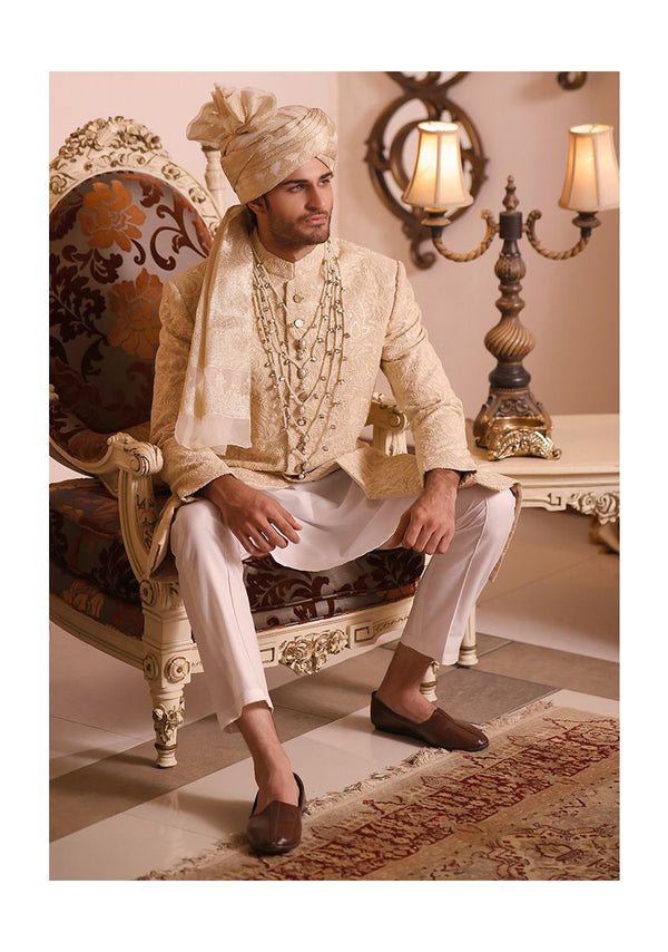 Classic Beige Cotton Net Traditional Embroidered Sherwani